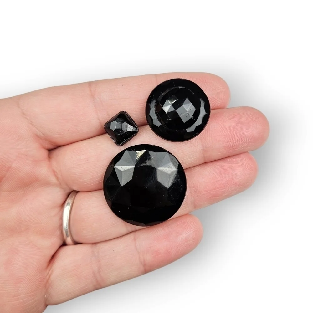Antique Victorian Buttons Lot 6 Piece Faceted Black Glass Square Round 3 Sets